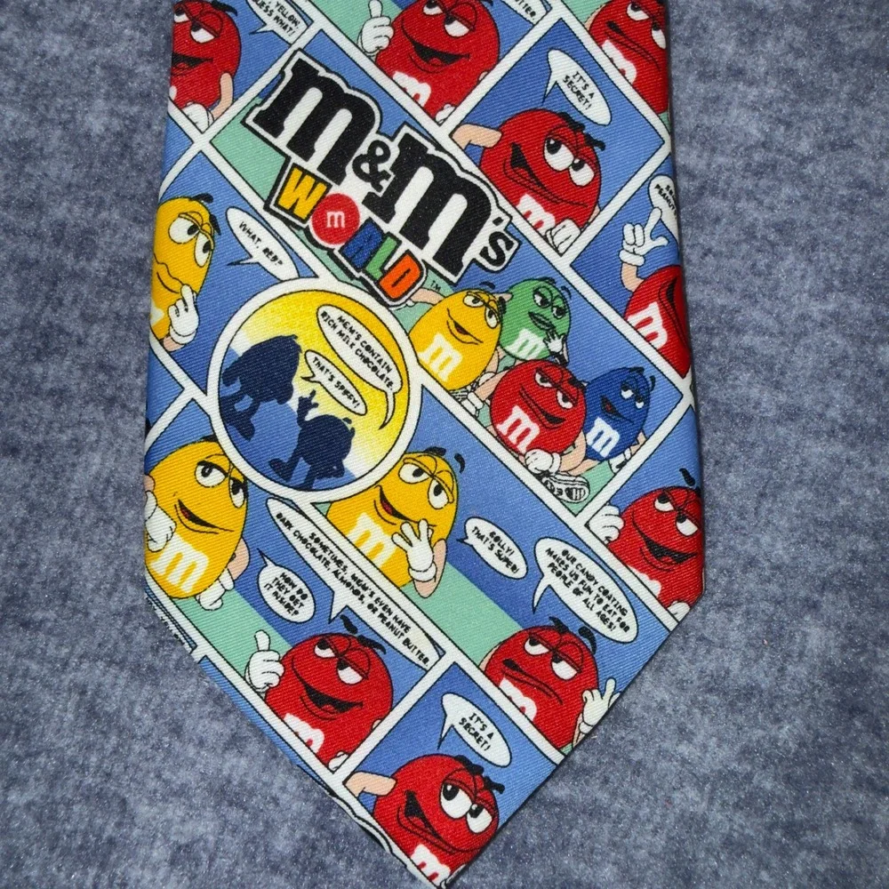 M&M Mens Tie World Comic Strip Character Red Yellow Blue Novelty Necktie